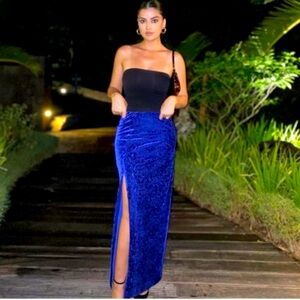 ZARA High Waisted Jacquard Maxi Velvet Skirt with slit Size XS Royal Blue